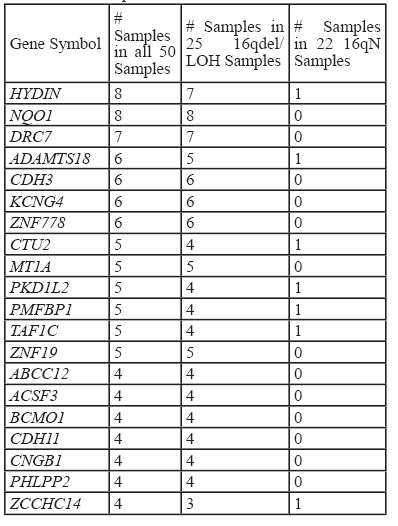 Table 1:  Genes Mapping to Chromosome 16q  Frequently Altered genes in WT.  